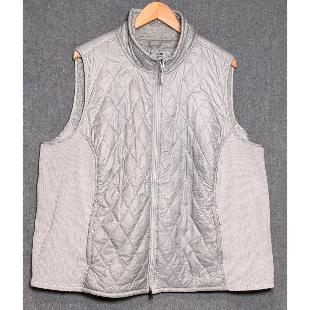 LL Bean Womens 3X Gray Quilted Sherpa Lined Vest Rib‎ Knit Side Panels